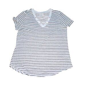 Maurices Womens Lace Up V-Neck Striped Shirt-White/Black-L-GUC